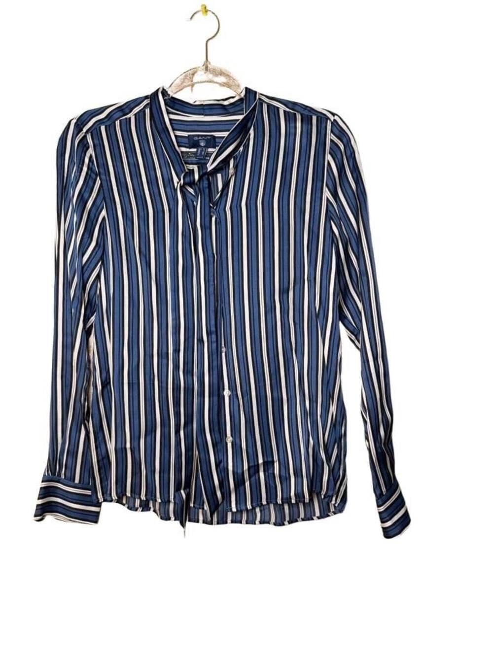GANT Women's Blue and White Striped Viscose Long Sleeve Blouse with Tie-Neck